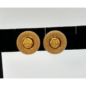 Givenchy Gold Tone 80's Clip On Logo Rope Style Border Statement Signed Earrings
